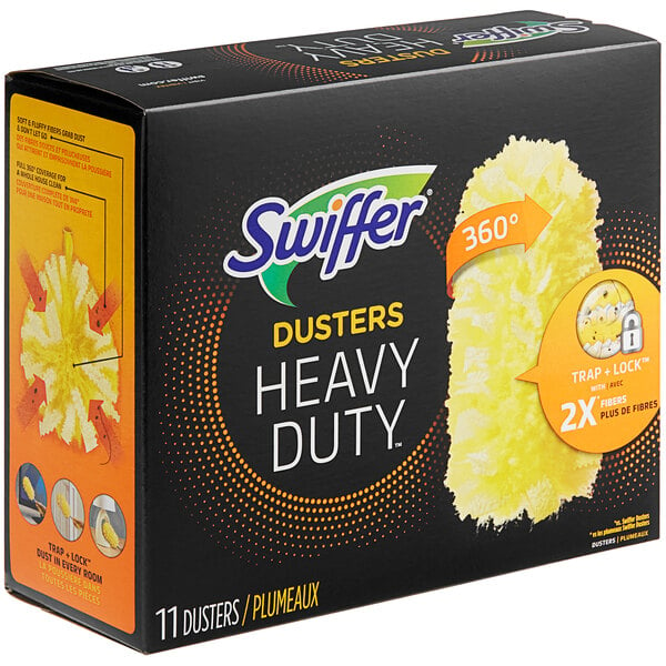 A yellow box of 11 Swiffer Dusters heavy-duty refills.