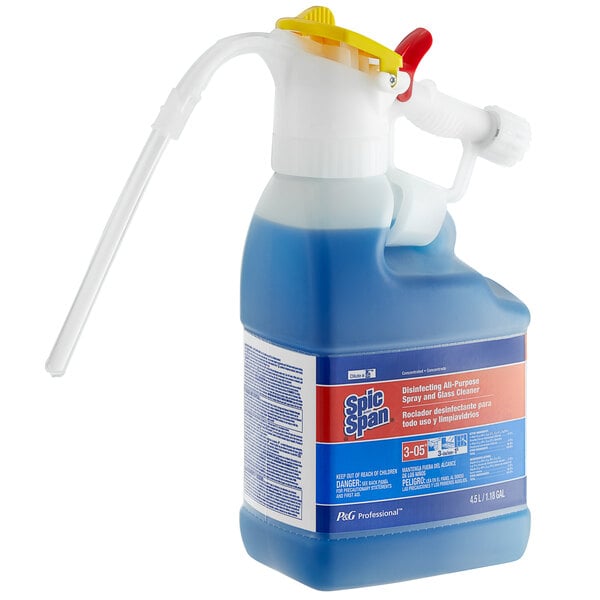 A blue Spic and Span spray bottle with a nozzle.