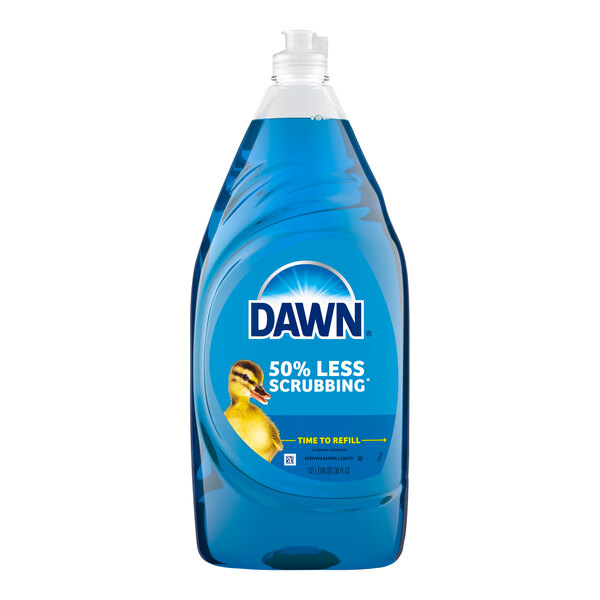 A blue bottle of Dawn Ultra Original dish soap with a yellow label.