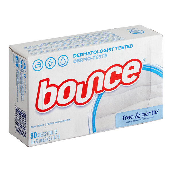 A case of 80 Bounce Free & Gentle fabric softener dryer sheets.