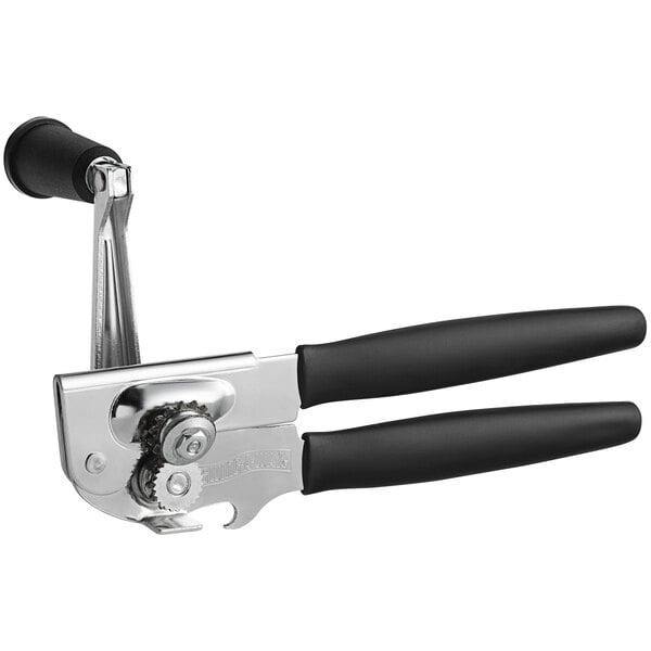 A Swing-A-Way handheld can opener with black handles.