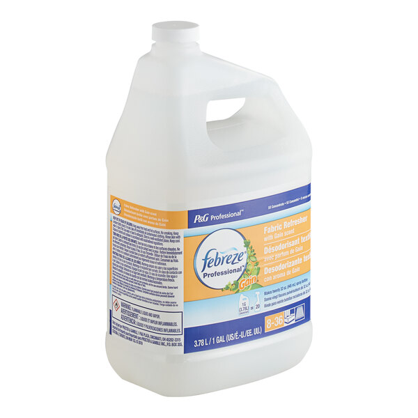 A white jug of Febreze Professional Fabric Refresher with a blue and orange label.