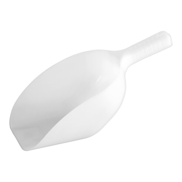 A white plastic Choice round bottom scoop with a handle.