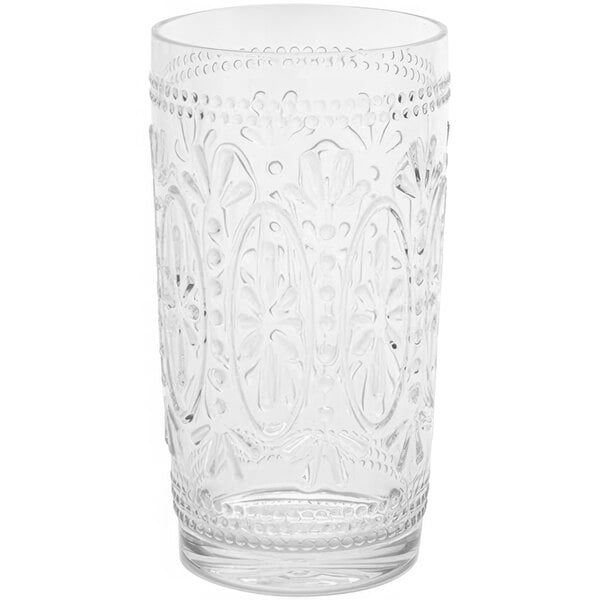 An American Metalcraft Tritan plastic highball glass with intricate designs.