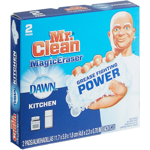 A box of 2 Mr. Clean Magic Eraser Kitchen cleaning sponges with Dawn.