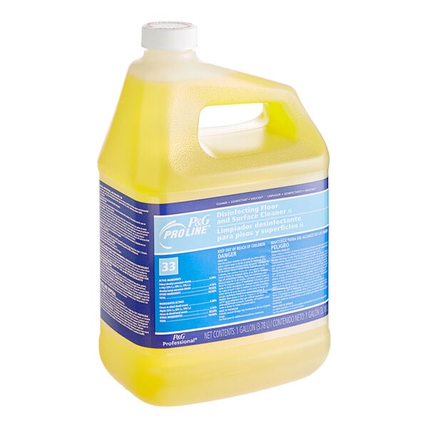 A yellow bottle of P&G Pro Line Disinfecting Floor & Surface Cleaner II Concentrate.