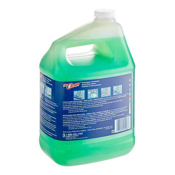 A green jug of Mr. Clean Greasy Floor Cleaner with white text.