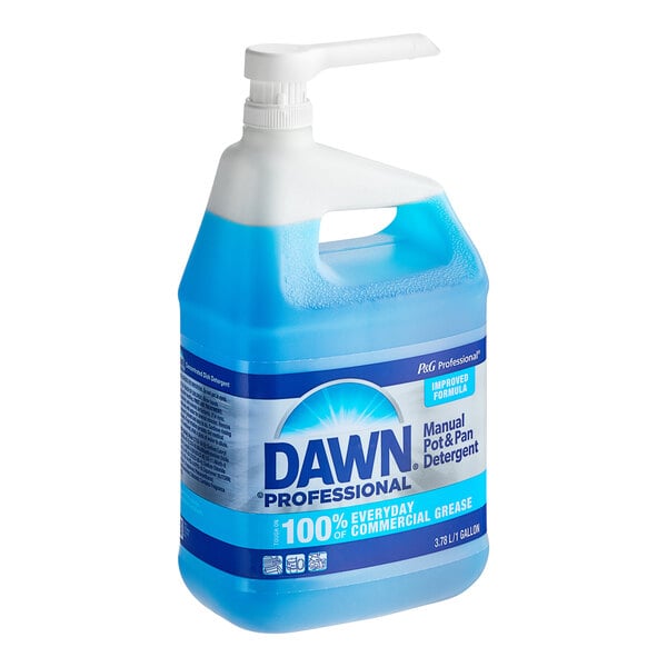 A blue and white Dawn Professional container of dish detergent with a white label and a pump on a counter.