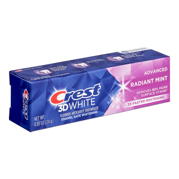 A blue and pink box of Crest 3D White Radiant Mint Toothpaste.