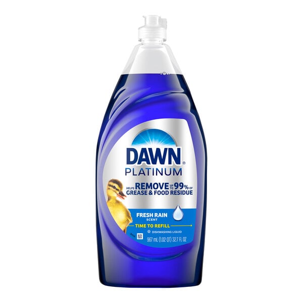 A bottle of Dawn Platinum Refreshing Rain dishwashing liquid.