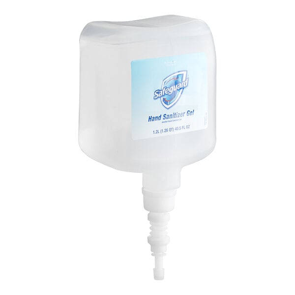 A case of 4 Safeguard Professional 1.2 liter plastic bottles of gel hand sanitizer with a pump.