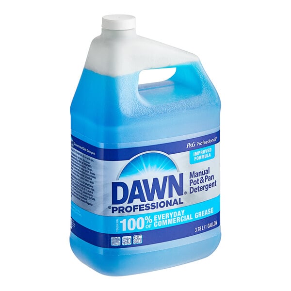 A blue jug of Dawn Professional Manual Pot and Pan Detergent with a white label.