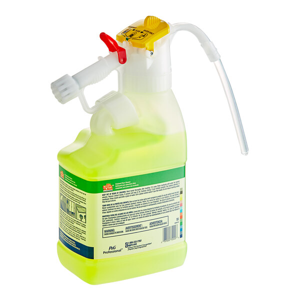 A yellow spray bottle with a nozzle and a hose.