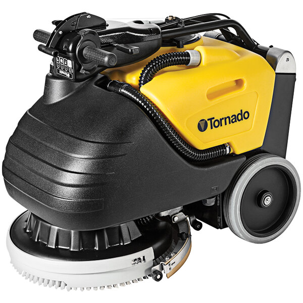 A yellow and black Tornado BD 17/6 walk behind floor scrubber.