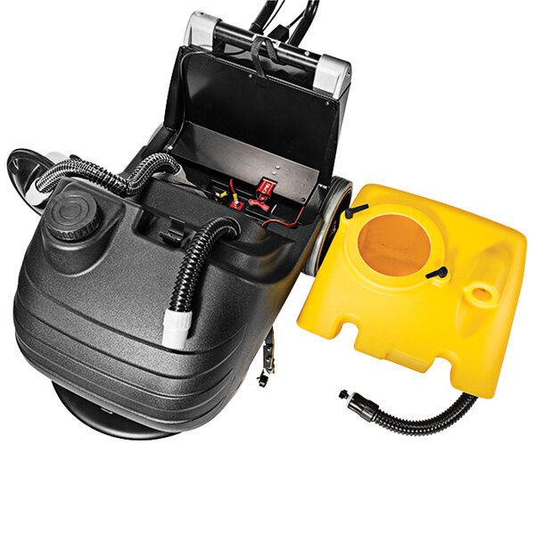 A black Tornado walk behind floor scrubber with a yellow hose.