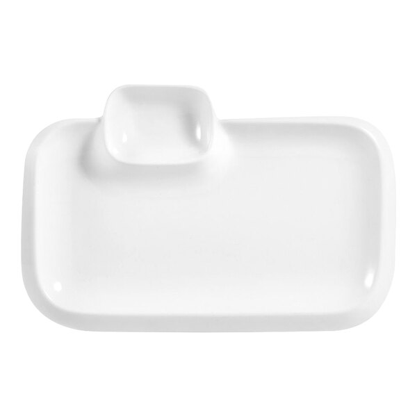 A white rectangular CAC porcelain platter with a square bowl in the middle.