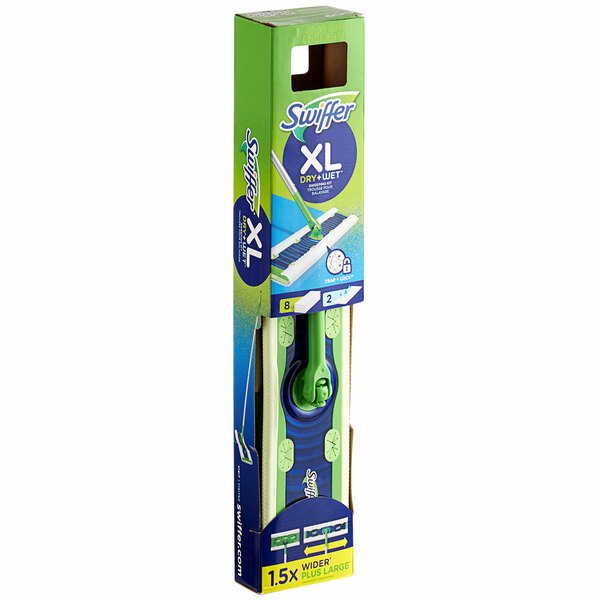 A green and blue Swiffer Sweeper XL Wet / Dry Mop Kit in a box.