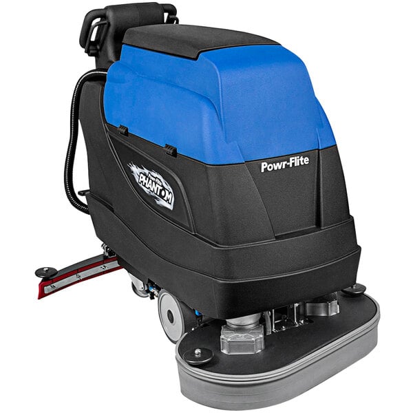 A Powr-Flite Phantom cordless walk-behind floor scrubber with a blue cover.