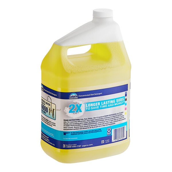 A yellow jug of Dawn Professional lemon scented pot and pan detergent with a white lid and label.