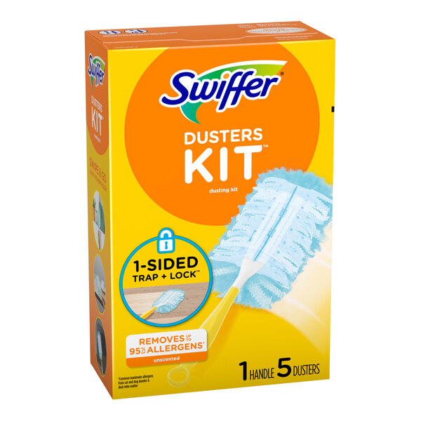 A Swiffer Dusters kit containing one handle and five duster cloth refills in a yellow box.