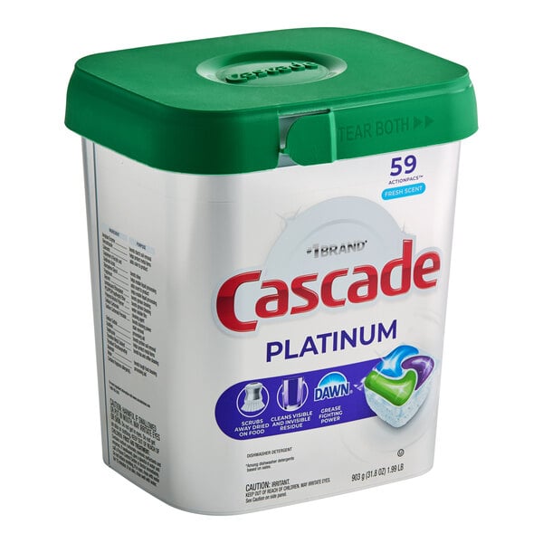 A container of Cascade Platinum dishwasher detergent pods with a green lid.