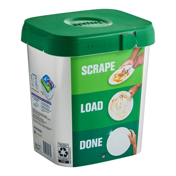 A green and white container of Cascade Platinum ActionPacs with a green lid.