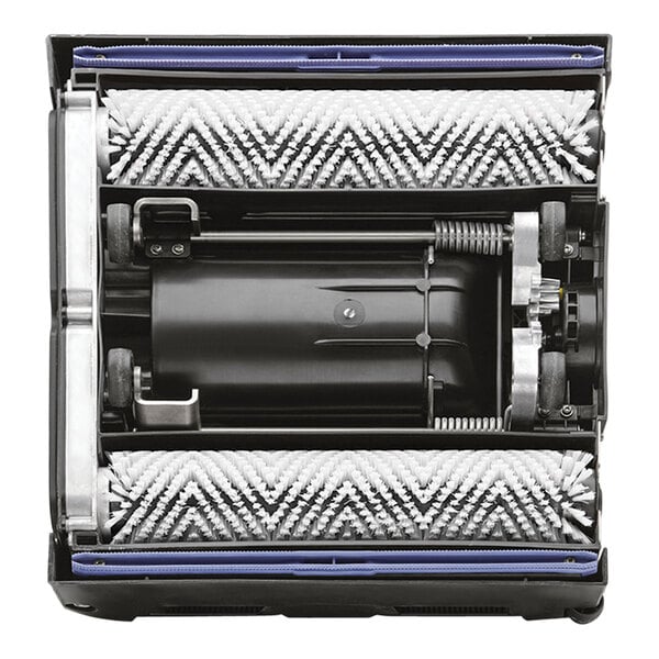 A black and silver Tornado walk behind cylindrical floor scrubber with blue accents.