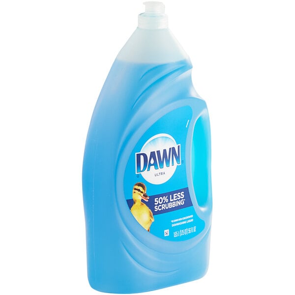 A blue bottle of Dawn Ultra Original dish soap with a label.