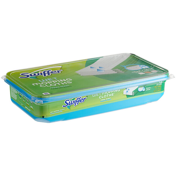 A green and blue Swiffer container of Swiffer Sweeper Wet Mopping Pads with a white lid.
