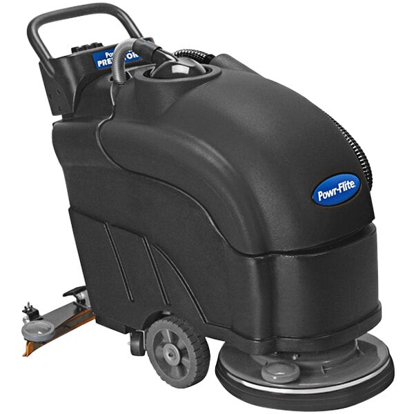 A black Powr-Flite Predator walk behind floor scrubber with wheels.