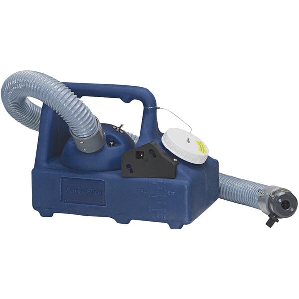 A blue and white Powr-Flite fogger with a hose.