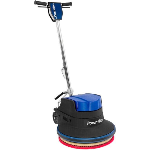 A blue and black Powr-Flite Millennium floor machine with a handle.