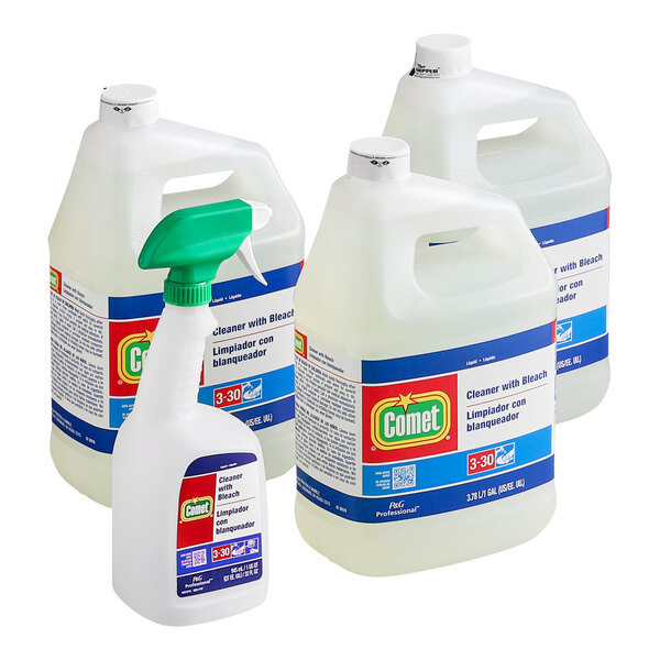 Three cases of Comet all purpose cleaner with bleach, each containing a white jug with a blue and red label.