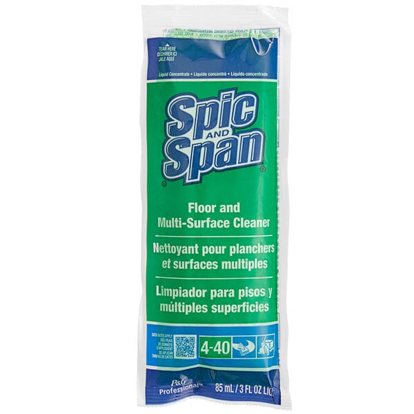 A green and blue Spic and Span package with a white and green label for multi-purpose cleaning.
