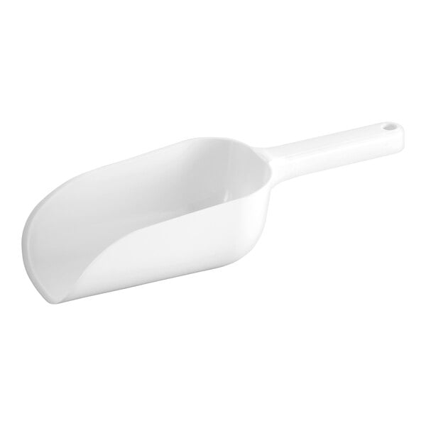 A white plastic round bottom scoop.