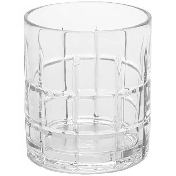 An American Metalcraft Sanibel Collection clear Tritan plastic rocks glass with a checkered design.