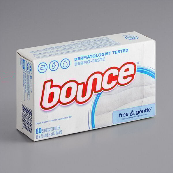 A box of Bounce Free & Gentle Fabric Softener Dryer Sheets.