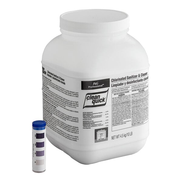 A white container of Clean Quick Chlorinated Sanitizer and Cleaner Powder with black text.