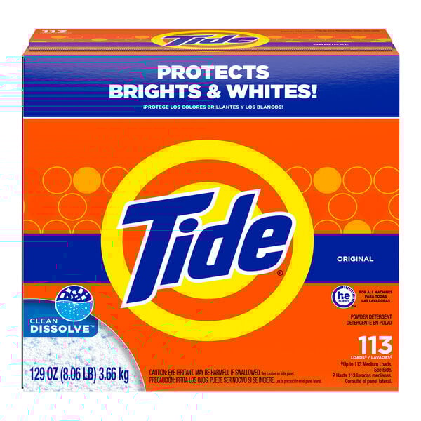A white and orange Tide laundry detergent box.