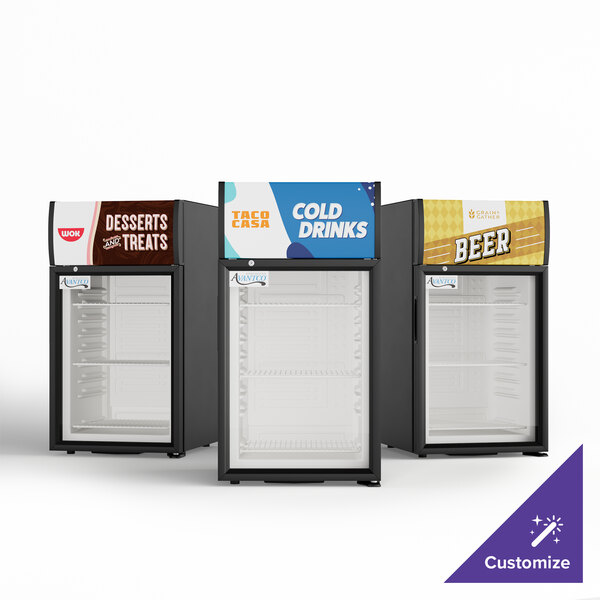 An Avantco black countertop display refrigerator with a swing door and customizable panel filled with drinks.