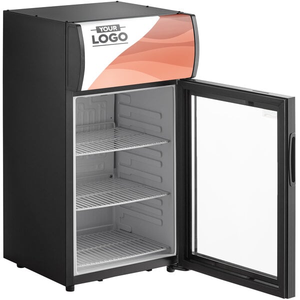 An open black Avantco countertop display refrigerator with a glass door.