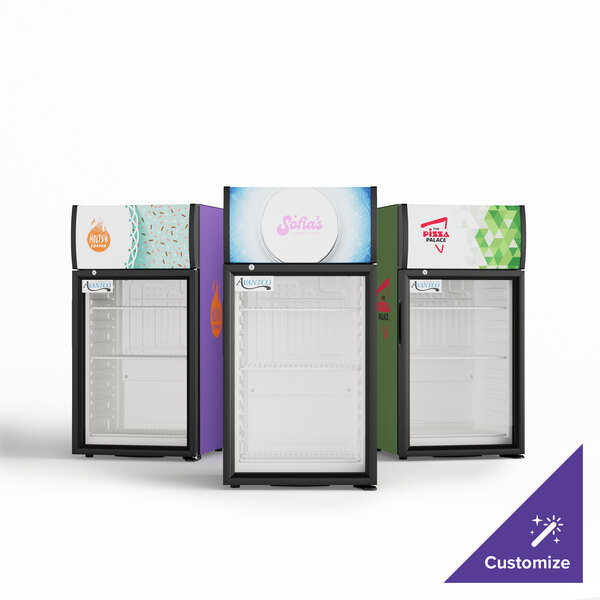 An Avantco countertop display refrigerator with a glass door and customizable panel.