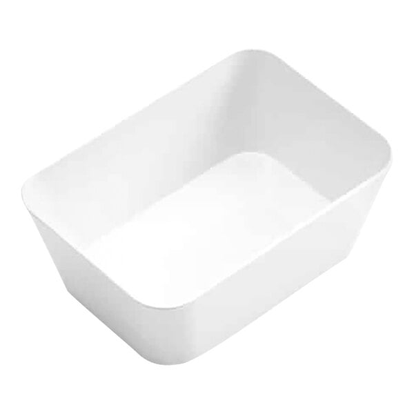 A rectangular white bowl with smooth, slightly flared sides and rounded corners.