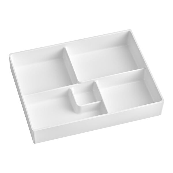 A white rectangular tray with five compartments.