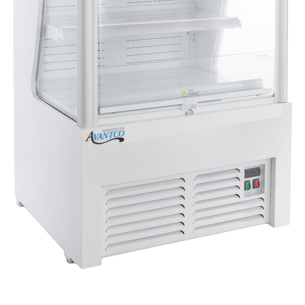 An Avantco white refrigerated air curtain merchandiser with a glass door.