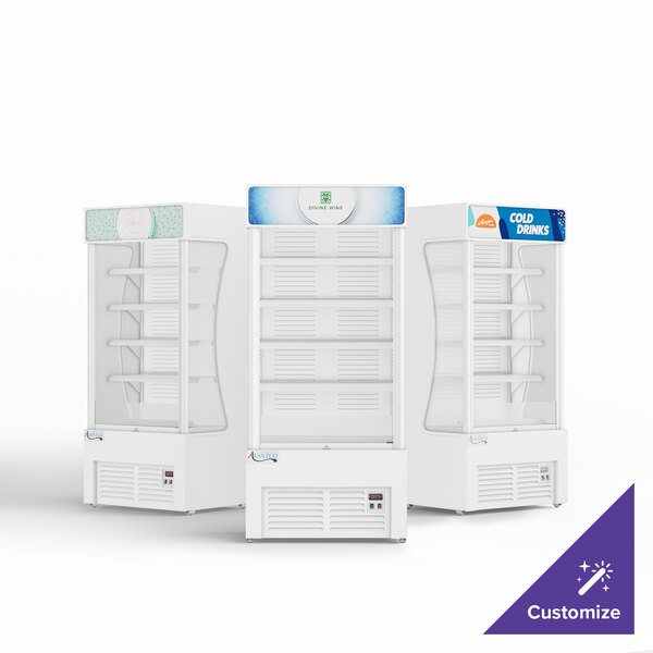 A white Avantco refrigerated air curtain merchandiser with customizable panel.
