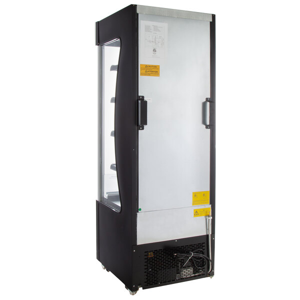 An Avantco black refrigerated air curtain merchandiser with a glass door.