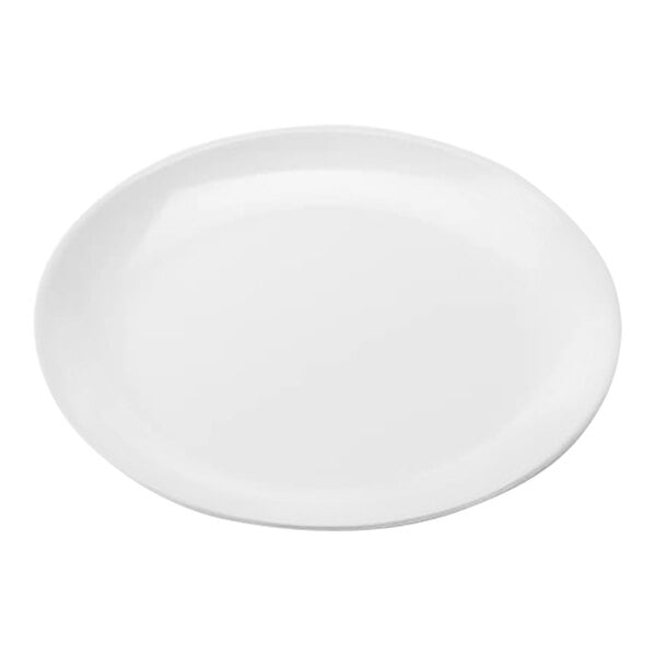 A plain, round, white plate with a smooth surface and slightly raised rim.