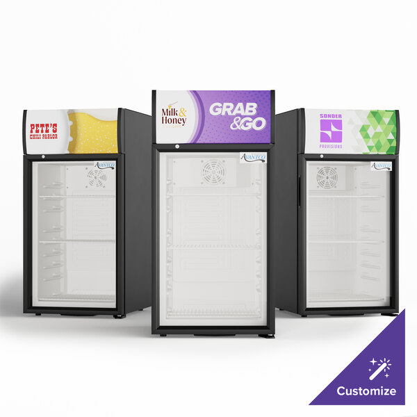 A black Avantco countertop display refrigerator with a yellow box on top.