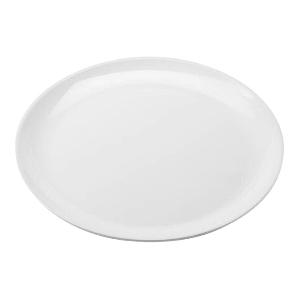 A plain, round, white plate with a smooth surface and slightly raised edge.